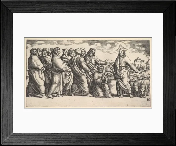 Framed Print : Christ standing at left indicating to a flock of sheep, before him kneels St. Peter hol Framed Print : Christ standing at left indicating to a flock of sheep, before him kneels St. Peter hol