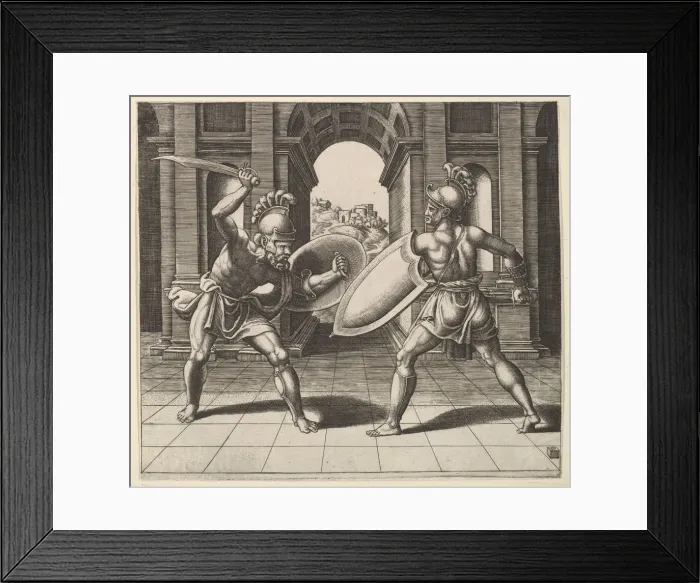 Framed Print : Two gladiators fighting in front of an arch, 1530-60. Creator: Master of the Die Framed Print : Two gladiators fighting in front of an arch, 1530-60. Creator: Master of the Die