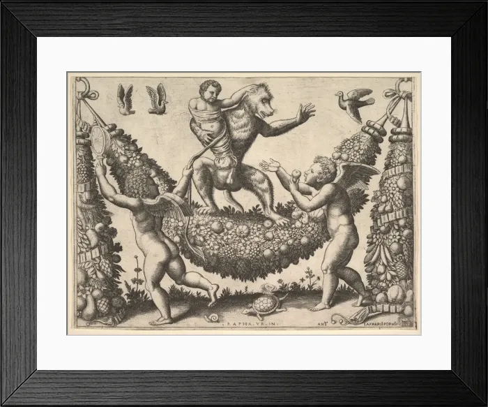 Framed Print : A monkey holding a bound putto standing on a garland in front of which are two winged p Framed Print : A monkey holding a bound putto standing on a garland in front of which are two winged p