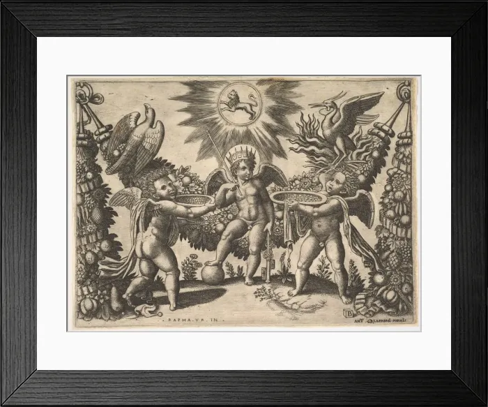 Framed Print : Two putti presenting cups full of gold to a putto in the guise of the god of riches Framed Print : Two putti presenting cups full of gold to a putto in the guise of the god of riches