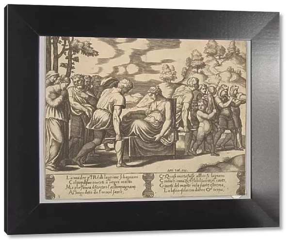 Plate 5: Psyche carried on a litter to a mountain, from The Fable of Psyche, 1530-60