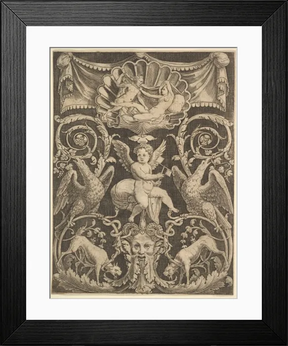 Framed Print : A panel of ornament with a putto in the centre holding a windmill, 1532 Framed Print : A panel of ornament with a putto in the centre holding a windmill, 1532