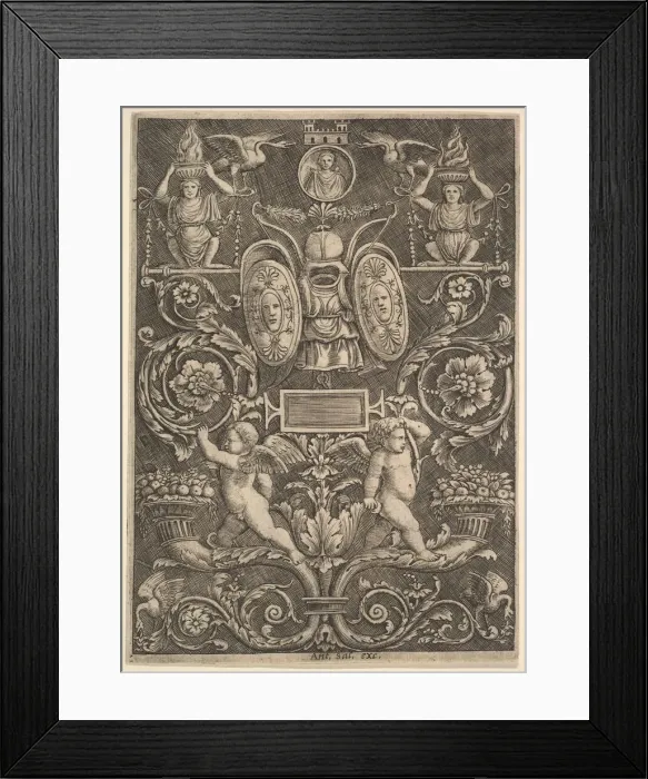 Framed Print : A panel of ornament, putti standing on cornucopia in lower section, 1530-60 Framed Print : A panel of ornament, putti standing on cornucopia in lower section, 1530-60