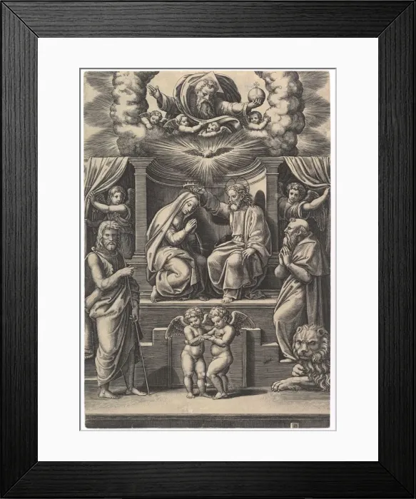 Framed Print : The Coronation of the Virgin, at lower left stands St John the Baptist, at lower right Framed Print : The Coronation of the Virgin, at lower left stands St John the Baptist, at lower right