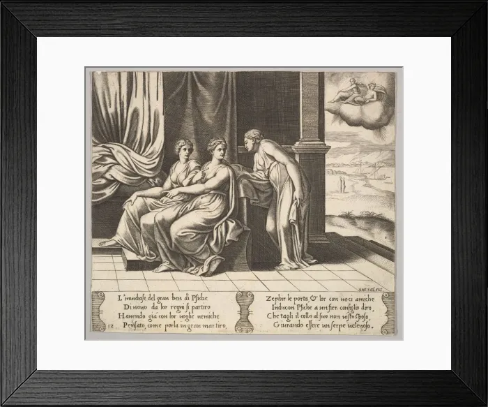 Framed Print : Plate 12: Psyches sisters persuade her a serpent is sleeping with her, from The Fable Framed Print : Plate 12: Psyches sisters persuade her a serpent is sleeping with her, from The Fable