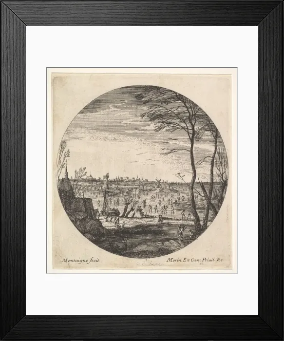 Framed Print : Winter landscape with figures skating on a frozen body of water in a roundel compos Framed Print : Winter landscape with figures skating on a frozen body of water in a roundel compos