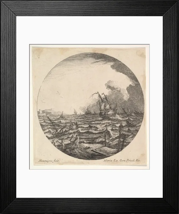 Framed Print : Tempest in a roundel composition, at left waves toss a small ship occupied by seven Framed Print : Tempest in a roundel composition, at left waves toss a small ship occupied by seven