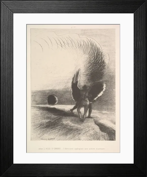 Framed Print : In the shadow of the wing, the black creature bit, 1891. Creator: Odilon Redon Framed Print : In the shadow of the wing, the black creature bit, 1891. Creator: Odilon Redon