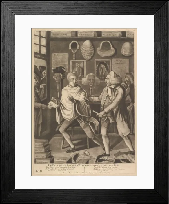 Framed Print : The Patriotick Barber of New York, or the Captain in Suds, February 14, 1775 Framed Print : The Patriotick Barber of New York, or the Captain in Suds, February 14, 1775