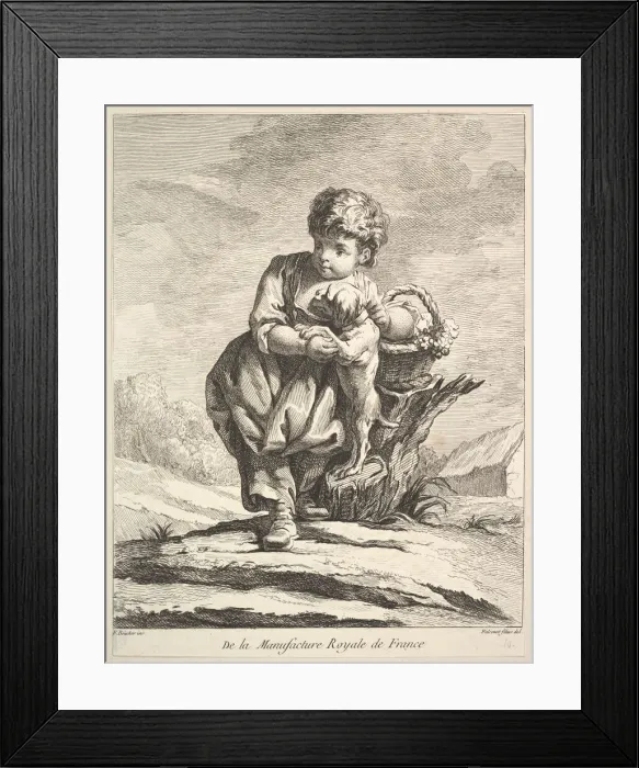 Framed Print : Child with a dog, holding a basket of grapes, from Premier Livre de Figures d aprè Framed Print : Child with a dog, holding a basket of grapes, from Premier Livre de Figures d aprè