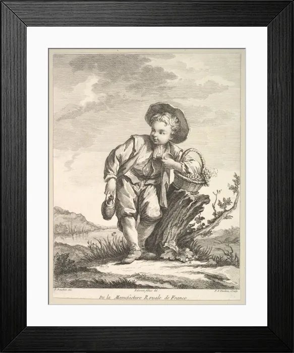 Framed Print : Little boy holding a basket of grapes, from Deuxieme Livre de Figures d aprè Framed Print : Little boy holding a basket of grapes, from Deuxieme Livre de Figures d aprè
