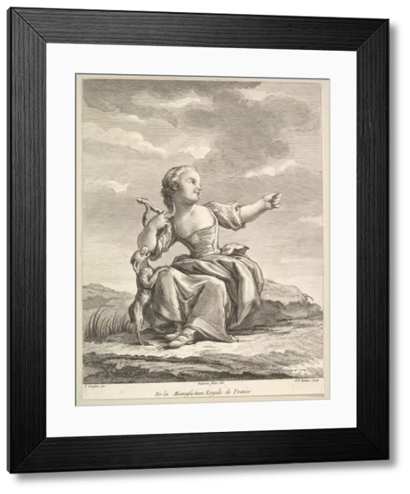 Framed Print : Little girl playing with a dog, from Deuxieme Livre de Figures d aprè Framed Print : Little girl playing with a dog, from Deuxieme Livre de Figures d aprè