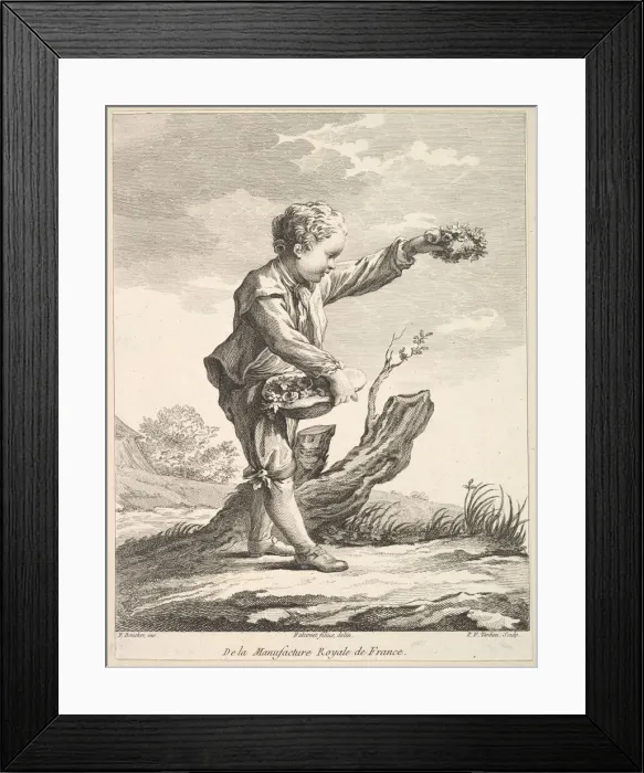 Framed Print : Little boy holding a wreath and basket of flowers, from Deuxieme Livre de Figures d Framed Print : Little boy holding a wreath and basket of flowers, from Deuxieme Livre de Figures d