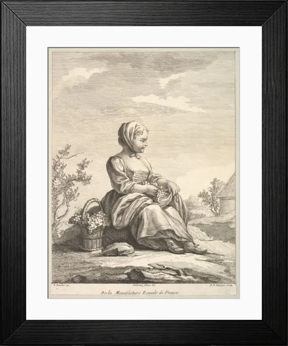 Framed Print : Little girl holding grapes with a basket of them by her side, from Deuxieme Livre de Framed Print : Little girl holding grapes with a basket of them by her side, from Deuxieme Livre de