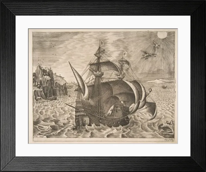Framed Print : Armed Three-master with Daedalus and Icarus in the Sky from The Sailing Vessels, 1561-65 Framed Print : Armed Three-master with Daedalus and Icarus in the Sky from The Sailing Vessels, 1561-65