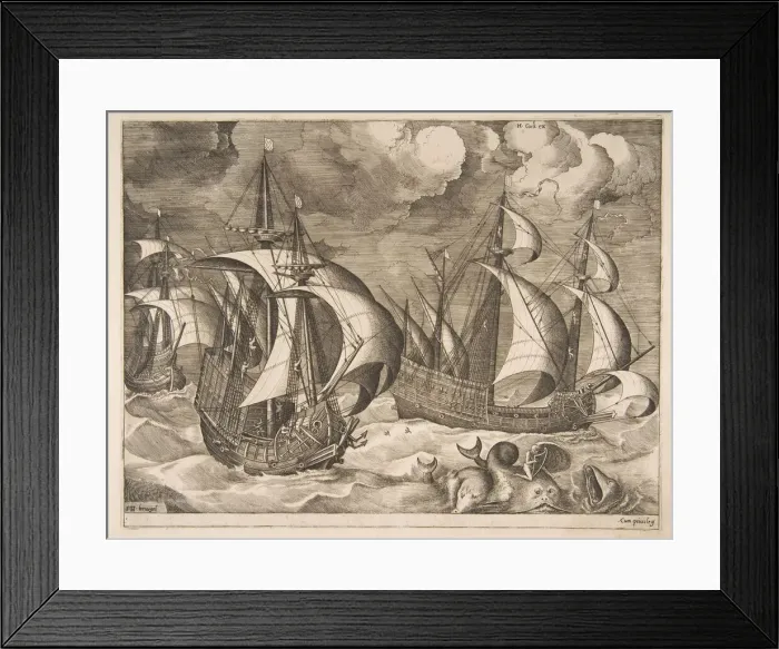 Framed Print : Three Caravels in a Rising Squall with Arion on a Dolphin from The Sailing Vessels Framed Print : Three Caravels in a Rising Squall with Arion on a Dolphin from The Sailing Vessels