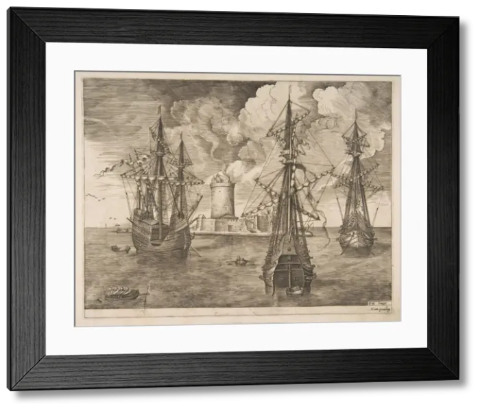 Framed Print : Four-Master (Left) and Two Three-Masters Anchored near a Fortified Island with a Lighth Framed Print : Four-Master (Left) and Two Three-Masters Anchored near a Fortified Island with a Lighth