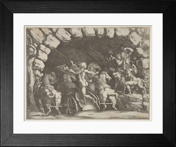 Framed Print : Pluto, seen from behind, entering the Underwold on his chairot, Cereberus and three Fu Framed Print : Pluto, seen from behind, entering the Underwold on his chairot, Cereberus and three Fu
