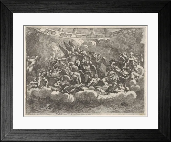 Framed Print : Gathering of various Olympian gods and mythological figures among clouds, Apollo at ce Framed Print : Gathering of various Olympian gods and mythological figures among clouds, Apollo at ce