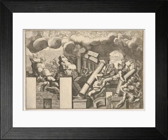 Framed Print : Giants crushed by rocks and the falling columns of the temple, clouds of smoke above Framed Print : Giants crushed by rocks and the falling columns of the temple, clouds of smoke above