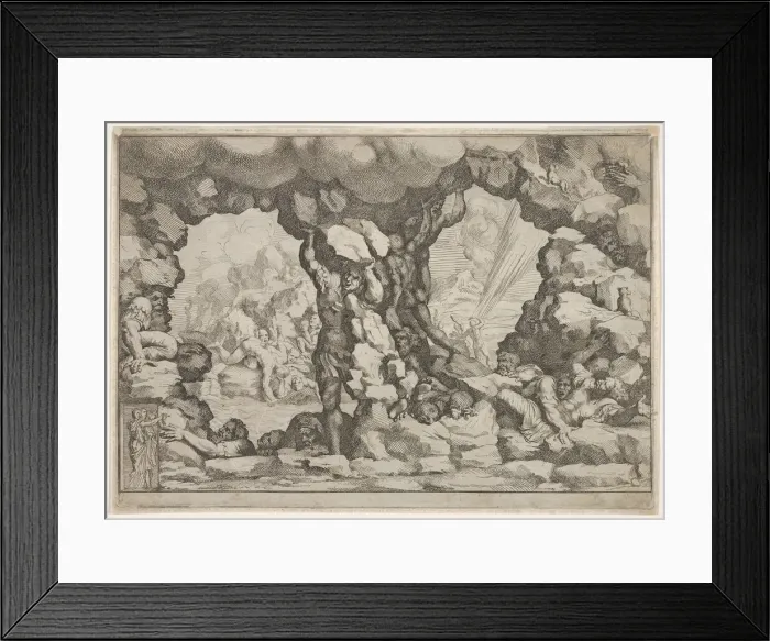 Framed Print : A giant heaving a boulder at center, other giants to left and right struggling and rec Framed Print : A giant heaving a boulder at center, other giants to left and right struggling and rec