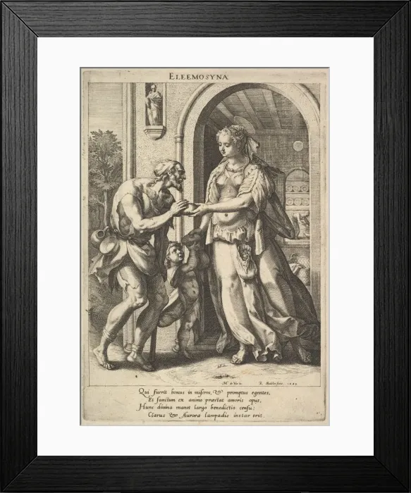 Framed Print : Alms-giving: a woman with pearl headdress and halo hands bread to two male beggars Framed Print : Alms-giving: a woman with pearl headdress and halo hands bread to two male beggars