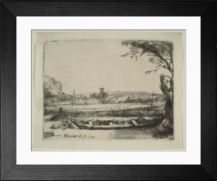 Framed Print : Canal with a Large Boat and a Bridge, 1650. Creator: Rembrandt Harmensz van Rijn Framed Print : Canal with a Large Boat and a Bridge, 1650. Creator: Rembrandt Harmensz van Rijn