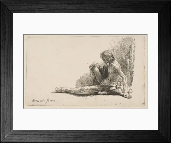 Framed Print : Study from the Nude: Man Seated on Ground, with One Leg Extended, 1646 Framed Print : Study from the Nude: Man Seated on Ground, with One Leg Extended, 1646