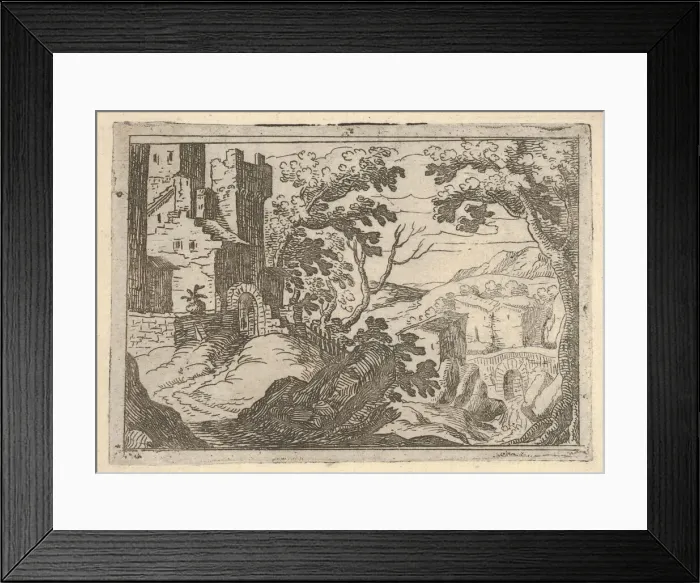 Framed Print : Landscape with buildings to the left and a bridge at right below, ca. 1620-50 Framed Print : Landscape with buildings to the left and a bridge at right below, ca. 1620-50