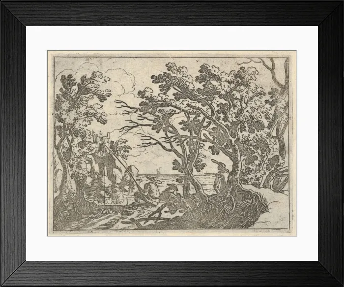 Framed Print : Landscape with onshore fisherman and male onlooker under trees, a man in a boat bow Framed Print : Landscape with onshore fisherman and male onlooker under trees, a man in a boat bow