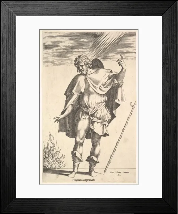 Framed Print : Empedocles, standing frontally with his head turned in three-quarter view, directs Framed Print : Empedocles, standing frontally with his head turned in three-quarter view, directs