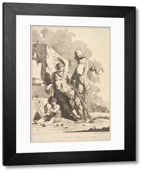 Framed Print : Two Soldiers and Child Holding a Helmet, July 19, 1779. Creator: Robert Blyth Framed Print : Two Soldiers and Child Holding a Helmet, July 19, 1779. Creator: Robert Blyth