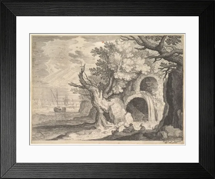 Framed Print : Ruined aqueduct with water spilling from it to a stream below, ships at sea beyond, a Framed Print : Ruined aqueduct with water spilling from it to a stream below, ships at sea beyond, a