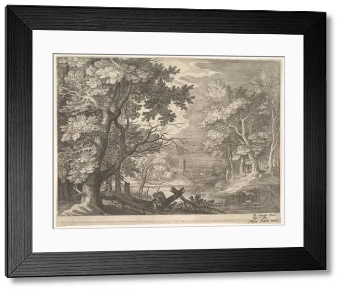 Framed Print : Woodland scene with marshy banks, two men and a dog in profile at left, two-long-necke Framed Print : Woodland scene with marshy banks, two men and a dog in profile at left, two-long-necke