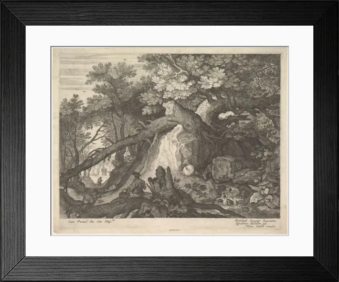 Framed Print : A man holding a staff and seated on a tree trunk; with two goats to either side; surro Framed Print : A man holding a staff and seated on a tree trunk; with two goats to either side; surro