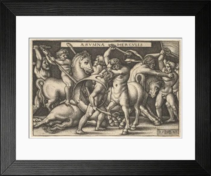 Framed Print : Hercules with his club in center fighting a centaur, other men fighting centaurs to left
