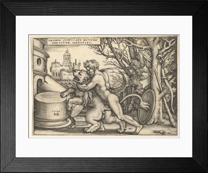 Framed Print : Hercules, in profile, killing the Nemean lion with his arm around its neck Framed Print : Hercules, in profile, killing the Nemean lion with his arm around its neck