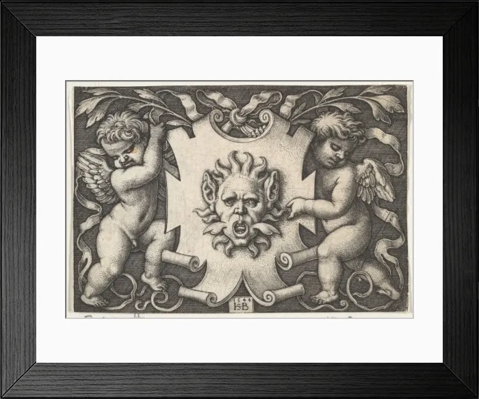 Framed Print : A Mask on an Escutcheon Supported by Two Genii, 1544. Creator: Sebald Beham Framed Print : A Mask on an Escutcheon Supported by Two Genii, 1544. Creator: Sebald Beham