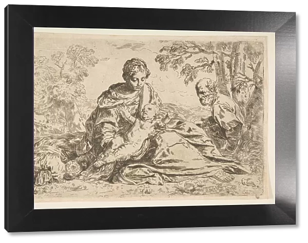 Rest on the flight into Egypt, Mary holding the infant Christ with St. Joseph... ca