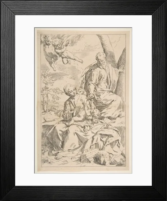 Framed Print : Rest on the flight into Egypt, Mary holding the infant Christ while St. Joseph hands h