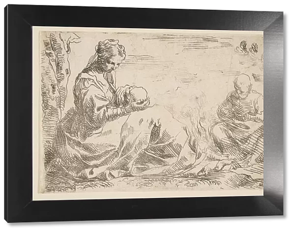 Rest on the flight into Egypt, Mary holding and looking at the infant Christ while St