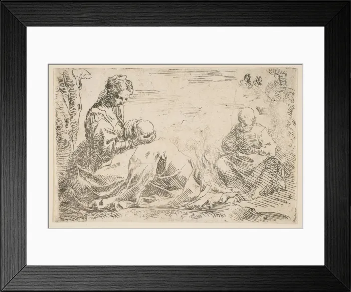 Framed Print : Rest on the flight into Egypt, Mary holding and looking at the infant Christ while St Framed Print : Rest on the flight into Egypt, Mary holding and looking at the infant Christ while St