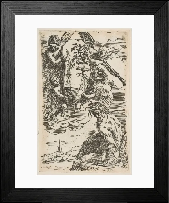 Framed Print : Allegory of the Foglia River with the city of Pesaros coat of arms, frontispiece for Framed Print : Allegory of the Foglia River with the city of Pesaros coat of arms, frontispiece for