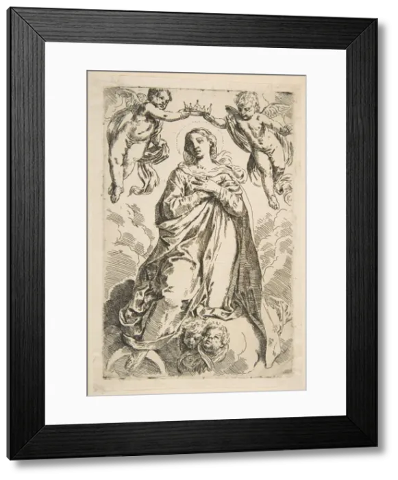 Framed Print : The Virgin being crowned by two angels, copy after Cantarini, 17th century