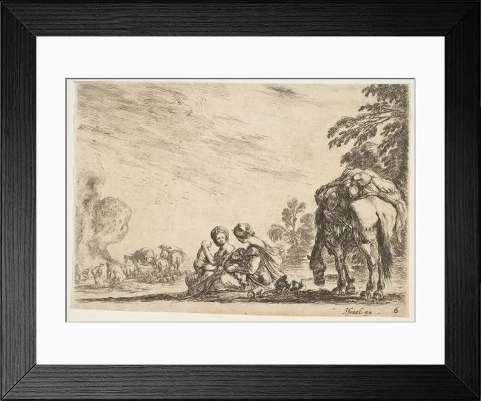 Framed Print : Plate 6: two women, one nursing a child, seated next to a dog and a horse carrying a pack Framed Print : Plate 6: two women, one nursing a child, seated next to a dog and a horse carrying a pack