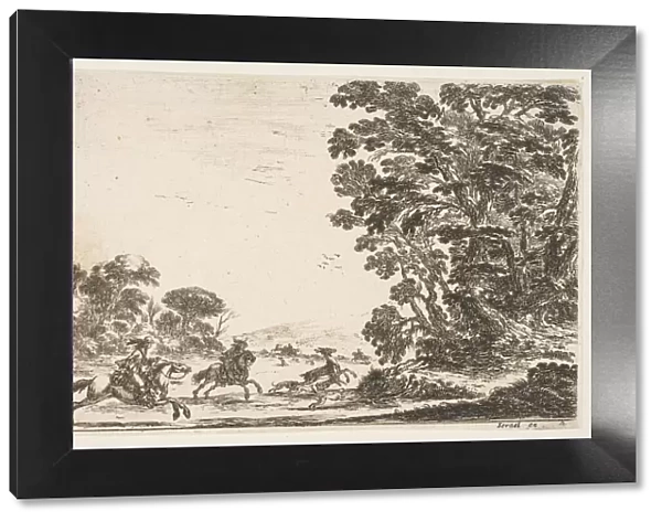 Plate 4: a deer hunt, two horsemen galloping towards the left behind three dogs