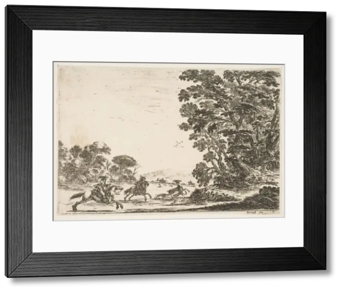 Framed Print : Plate 4: a deer hunt, two horsemen galloping towards the left behind three dogs Framed Print : Plate 4: a deer hunt, two horsemen galloping towards the left behind three dogs