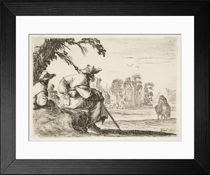Framed Print : Plate 5: two pilgrims with hats rest to the left, seen from behind Framed Print : Plate 5: two pilgrims with hats rest to the left, seen from behind