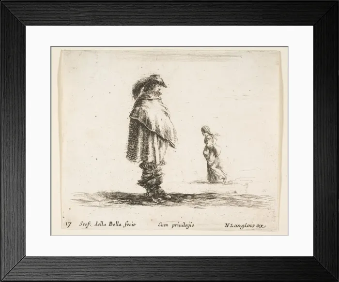 Framed Print : Plate 17: a man wearing a plumed hat in center facing right, a woman walking toward Framed Print : Plate 17: a man wearing a plumed hat in center facing right, a woman walking toward