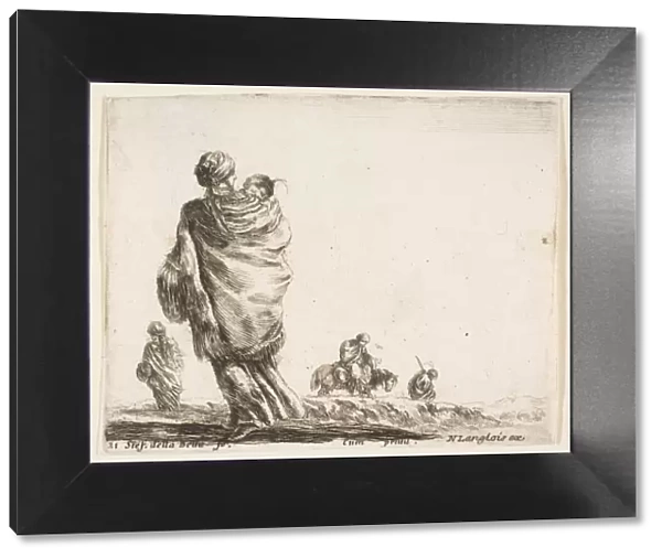 Plate 21: a poor woman to left, seen from behind, enveloping her child in a shawl... ca